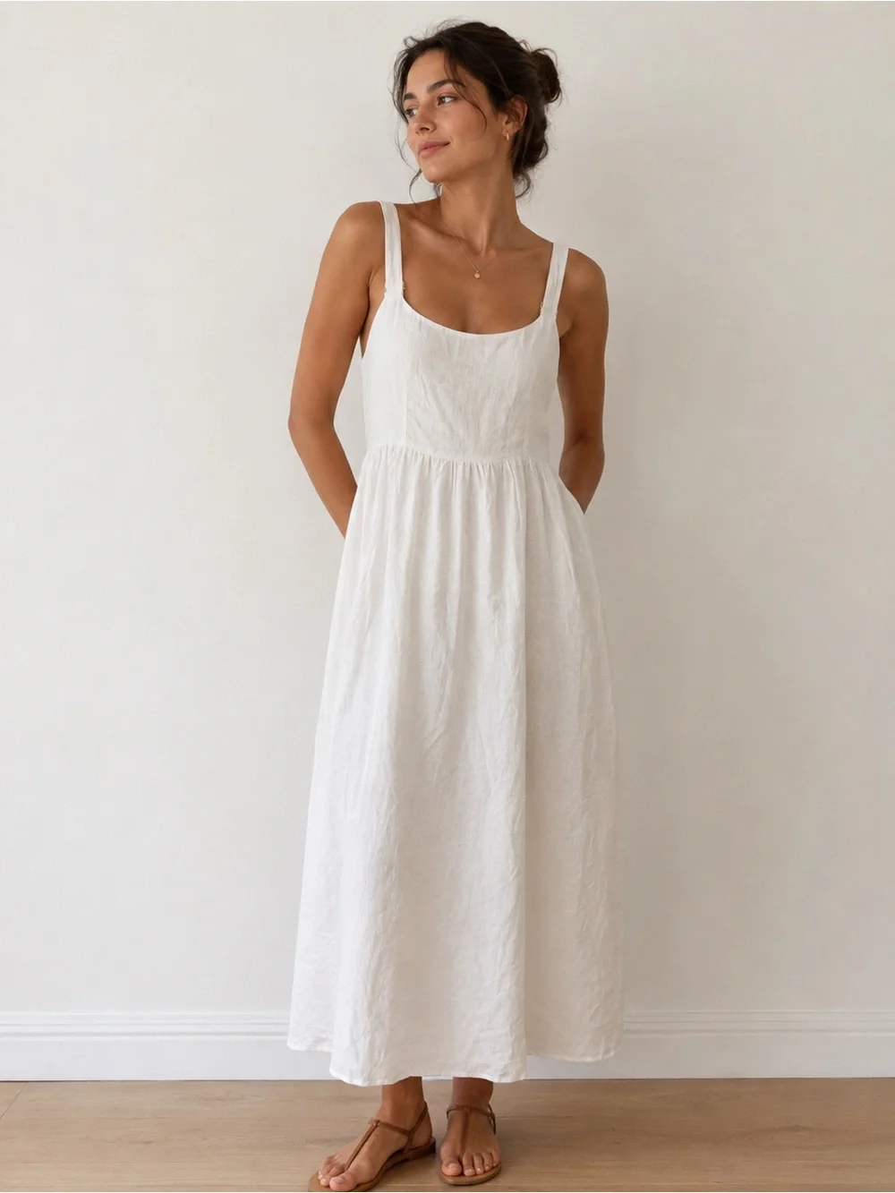 DISSH White Maxi Dress 100% Linen Empire Waist Babydoll Sundress US 6 - Picture 9 of 9